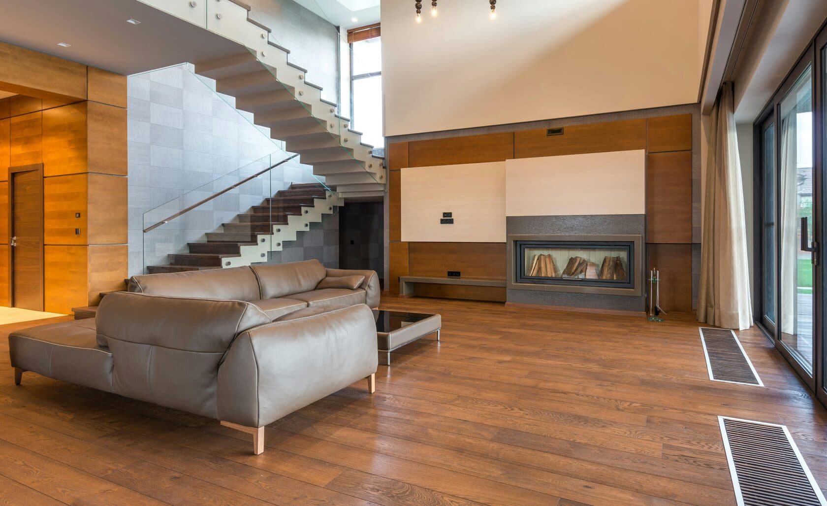 Living room with newly installed hardwood floor