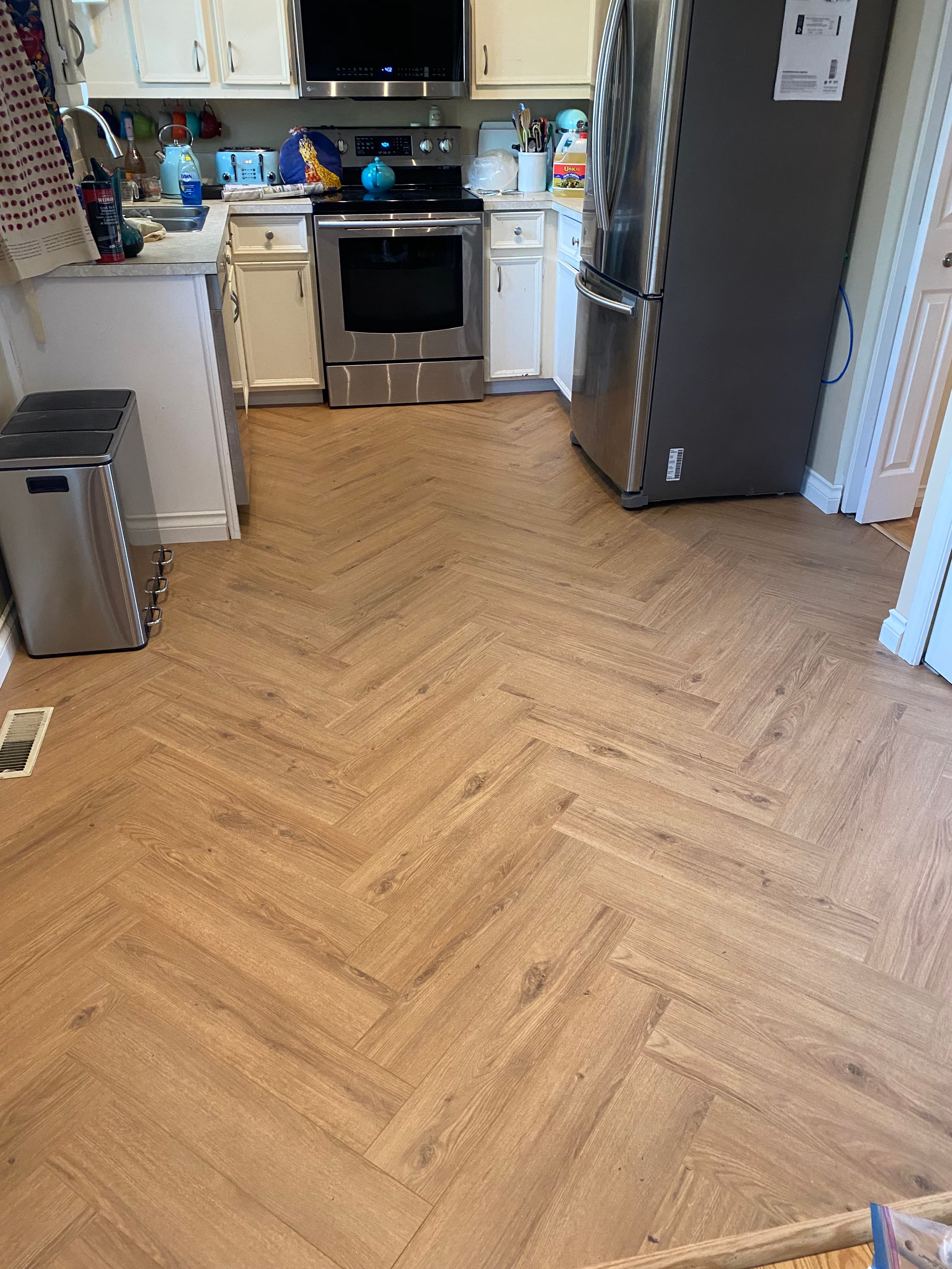 Herringbone hardwood in a kitchen